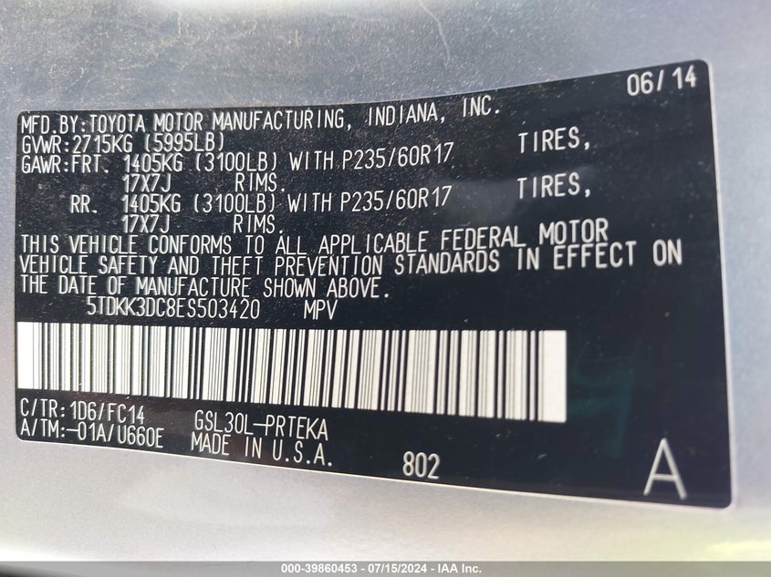 2014 Toyota Sienna Le V6 8 Passenger VIN: 5TDKK3DC8ES503420 Lot: 39860453