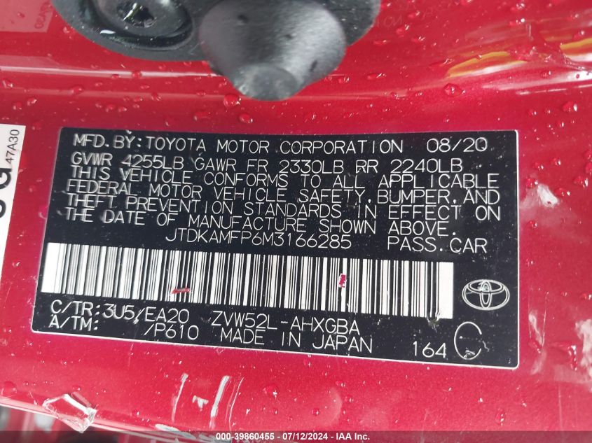 2021 Toyota Prius Prime Limited VIN: JTDKAMFP6M3166285 Lot: 39860455