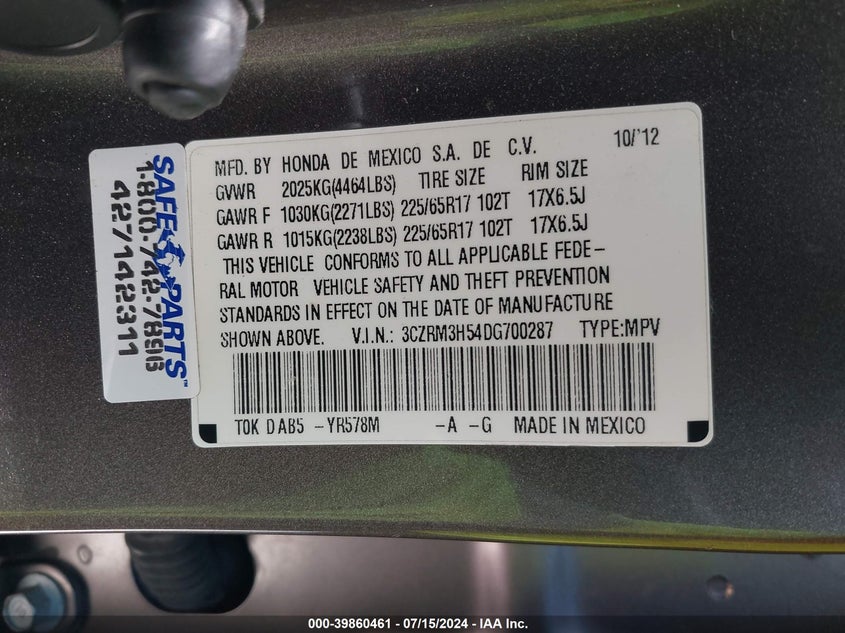 2013 Honda Cr-V Ex VIN: 3CZRM3H54DG700287 Lot: 39860461