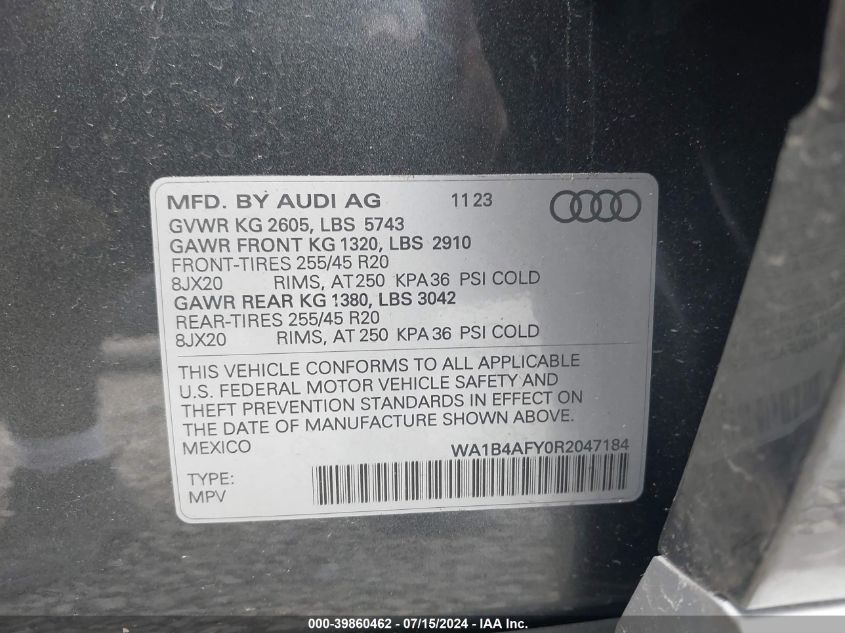 2024 Audi Sq5 Premium Plus Tfsi Quattro Tiptronic VIN: WA1B4AFY0R2047184 Lot: 39860462