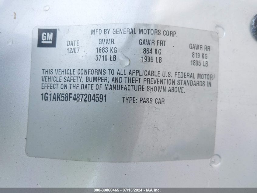 2008 Chevrolet Cobalt Ls VIN: 1G1AK58F487204591 Lot: 39860465