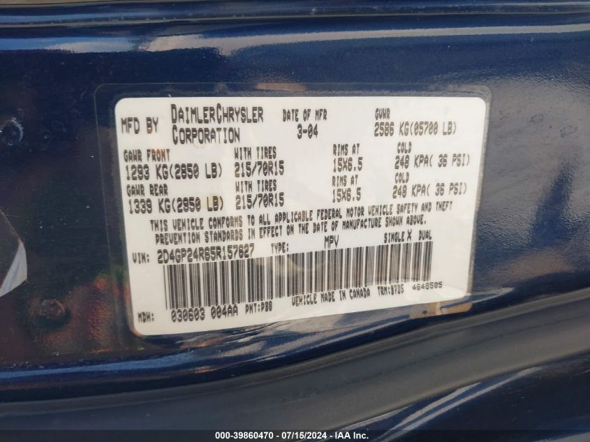 2005 Dodge Grand Caravan Se VIN: 2D4GP24R65R157627 Lot: 39860470