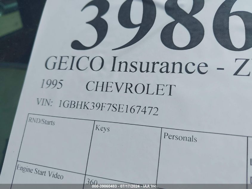 1995 Chevrolet Gmt-400 K3500 VIN: 1GBHK39F7SE167472 Lot: 39860483