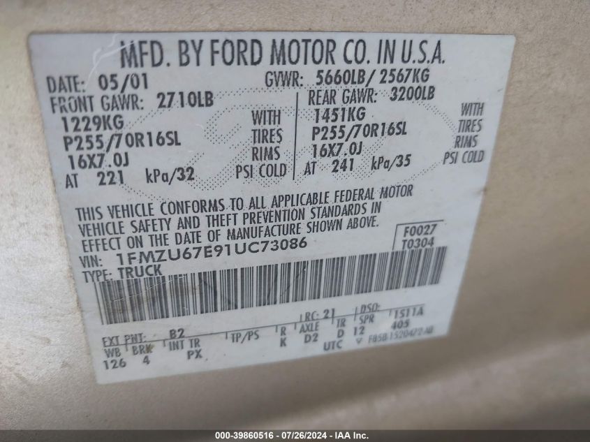 2001 Ford Explorer Sport Trac VIN: 1FMZU67E91UC73086 Lot: 39860516