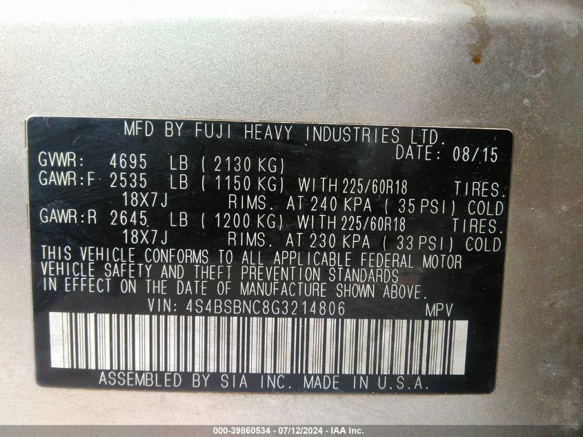 2016 Subaru Outback 2.5I Limited VIN: 4S4BSBNC8G3214806 Lot: 39860534