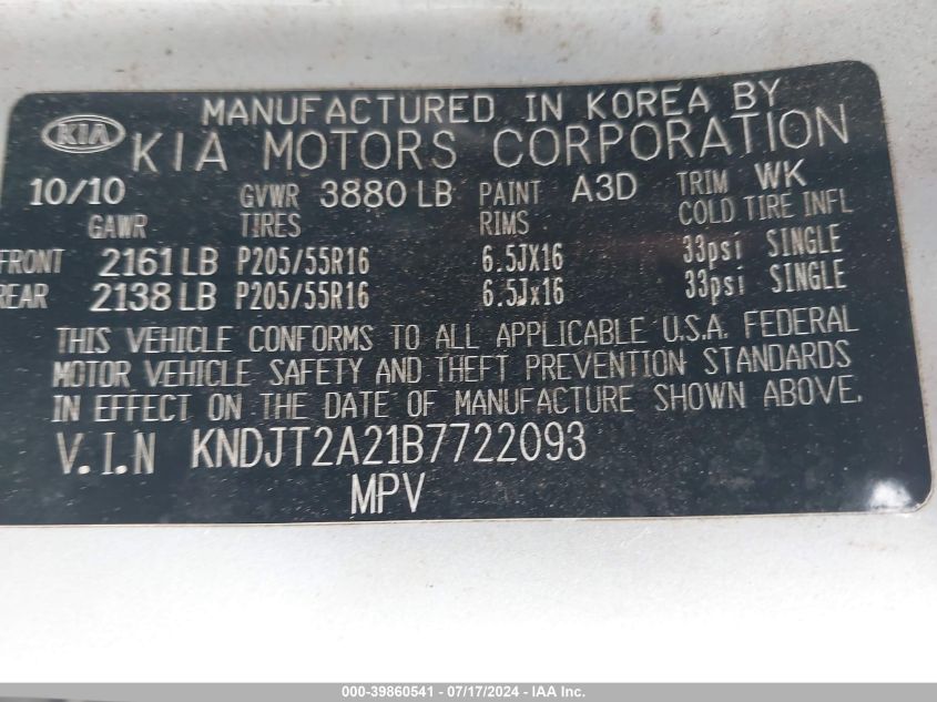 2011 Kia Soul + VIN: KNDJT2A21B7722093 Lot: 39860541