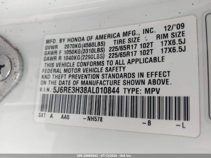 2010 Honda Cr-V Lx VIN: 5J6RE3H38AL010844 Lot: 39860542