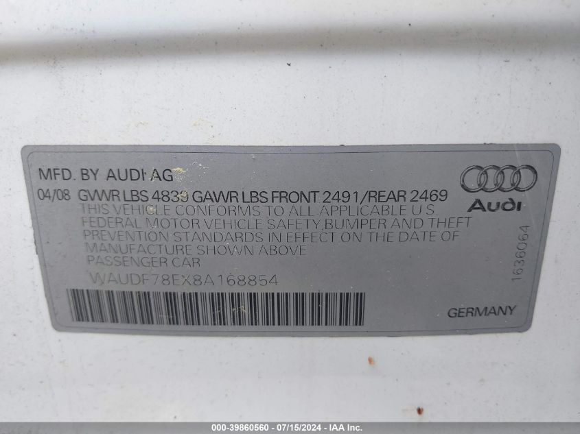 2008 Audi A4 2.0T Quattro VIN: WAUDF78EX8A168854 Lot: 39860560