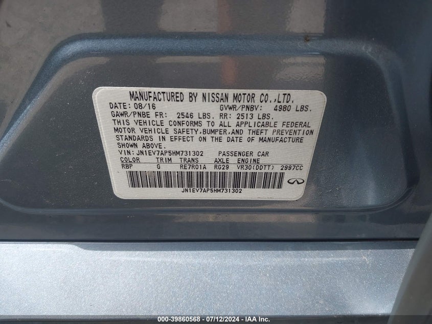 VIN JN1EV7AP5HM731302 2017 INFINITI Q50 3.0T PREMIUM
