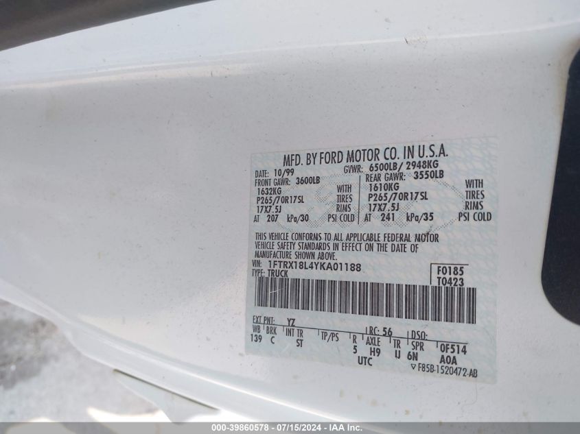 2000 Ford F-150 Lariat/Work Series/Xl/Xlt VIN: 1FTRX18L4YKA01188 Lot: 39860578