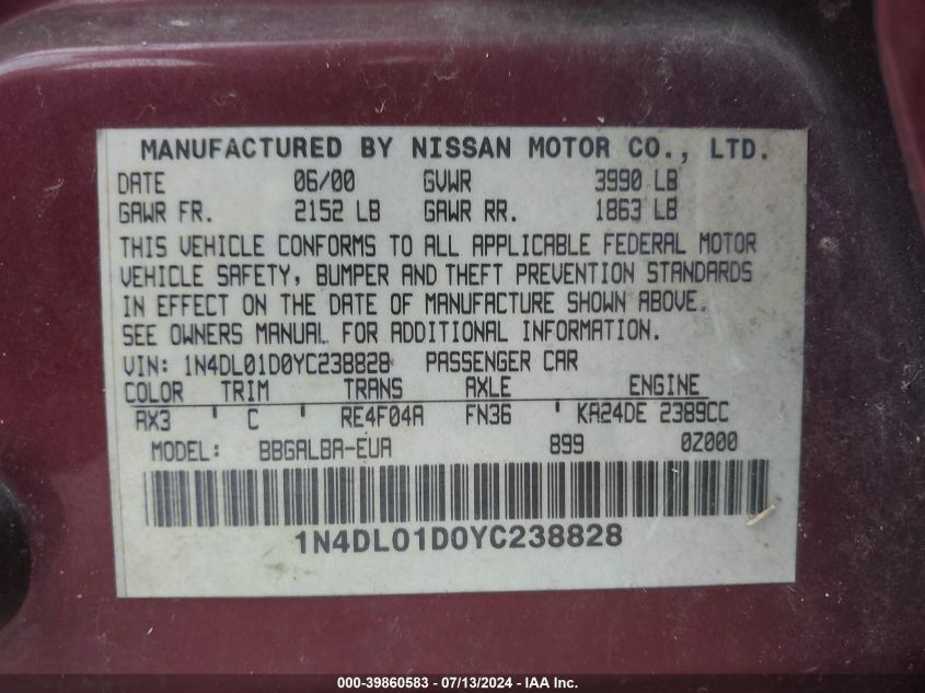 2000 Nissan Altima Xe/Gxe/Se/Gle VIN: 1N4DL01D0YC238828 Lot: 39860583
