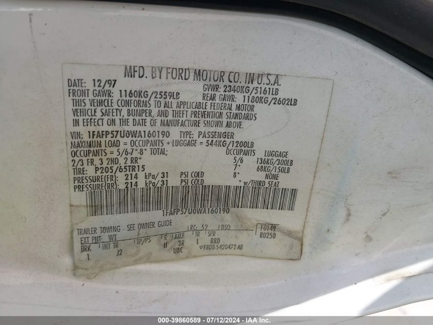 1998 Ford Taurus Se VIN: 1FAFP57U0WA160190 Lot: 39860589