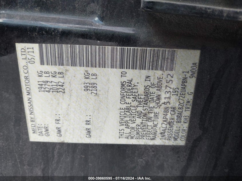 2011 Nissan Altima 2.5 S VIN: 1N4AL2AP4BN513752 Lot: 39860595