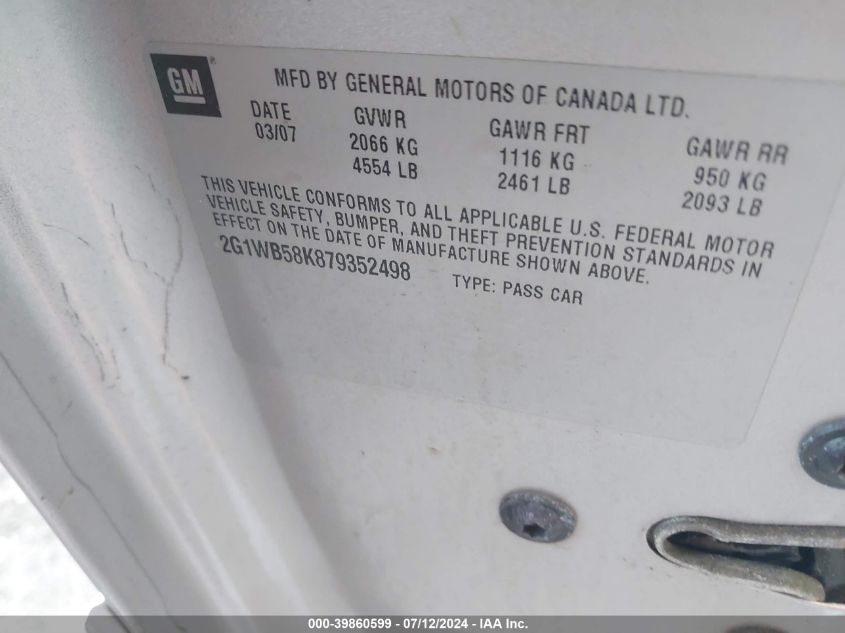 2007 Chevrolet Impala Ls VIN: 2G1WB58K879352498 Lot: 39860599