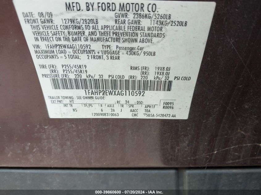 2010 Ford Taurus Sel VIN: 1FAHP2EWXAG110592 Lot: 39860600