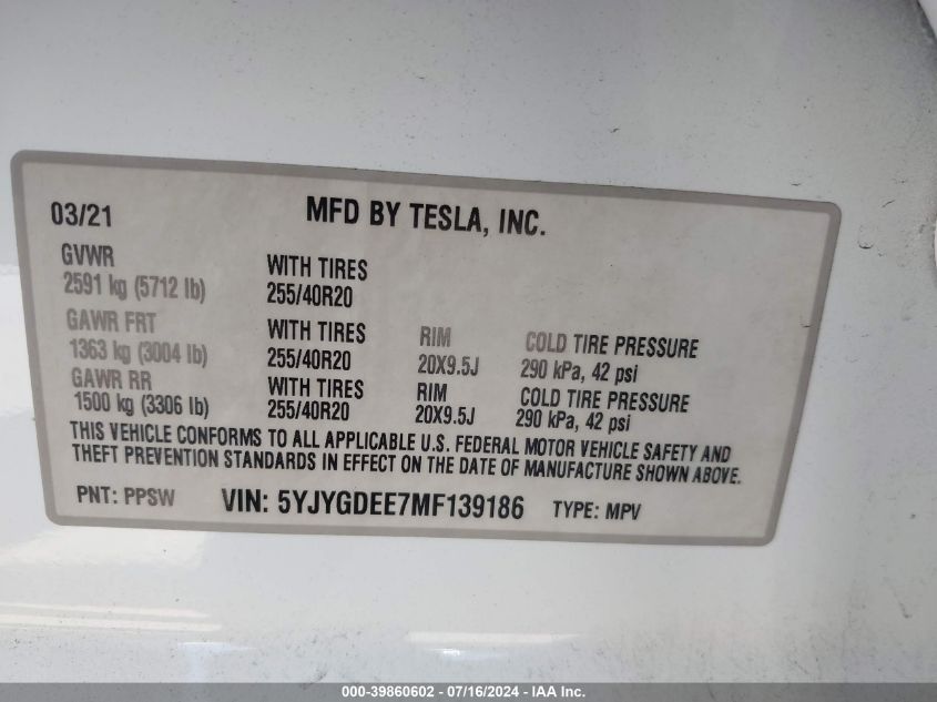 2021 Tesla Model Y Long Range Dual Motor All-Wheel Drive VIN: 5YJYGDEE7MF139186 Lot: 39860602