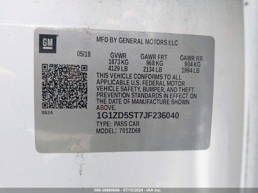 2018 Chevrolet Malibu Lt VIN: 1G1ZD5ST7JF236040 Lot: 39860606