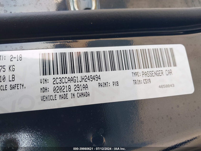 2018 Chrysler 300 Touring VIN: 2C3CCAAG1JH249494 Lot: 39860621