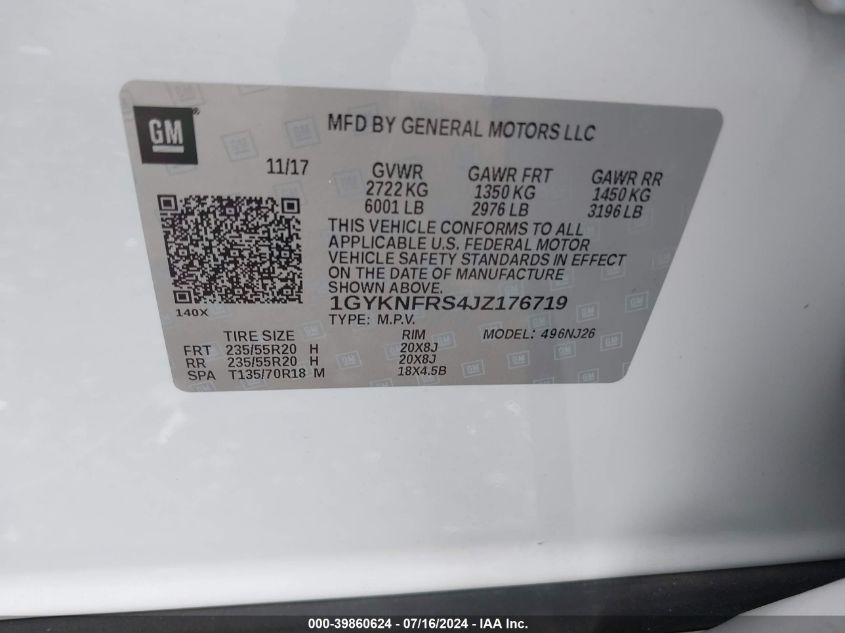 2018 Cadillac Xt5 Premium Luxury VIN: 1GYKNFRS4JZ176719 Lot: 39860624