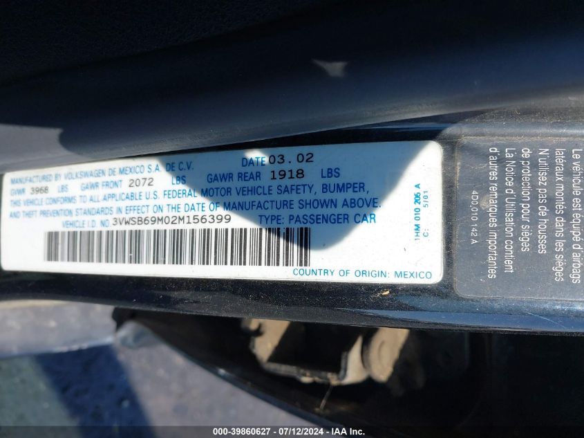 2002 Volkswagen Jetta Gls VIN: 3VWSB69M02M156399 Lot: 39860627