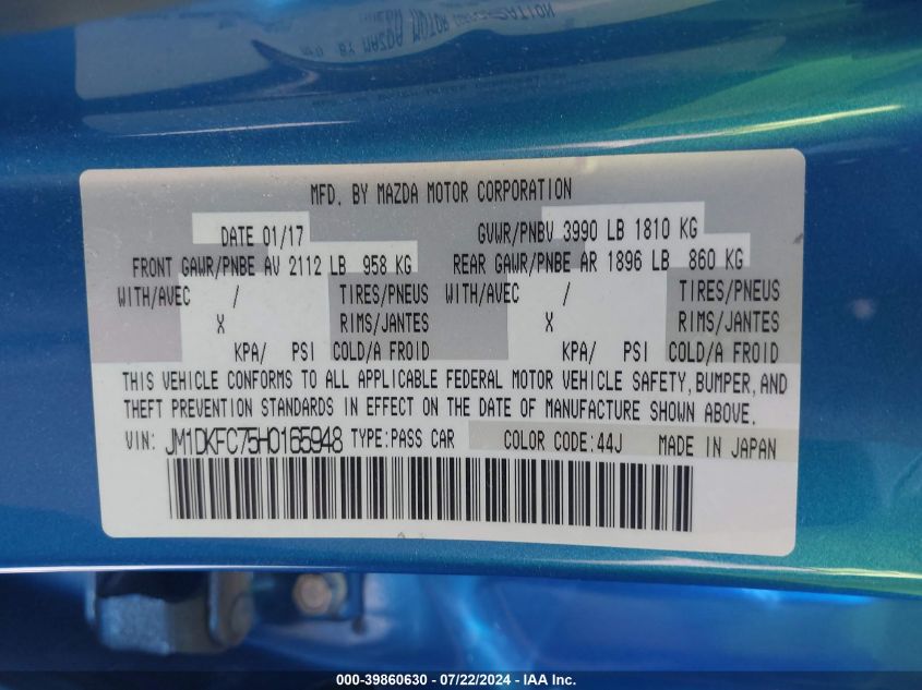 2017 Mazda Cx-3 Touring VIN: JM1DKFC75H0165948 Lot: 39860630
