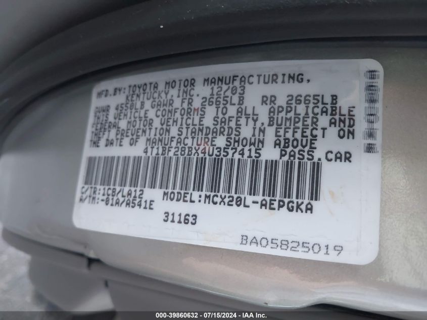 2004 Toyota Avalon Xls VIN: 4T1BF28BX4U357415 Lot: 39860632