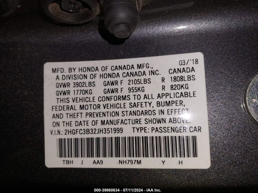 2018 Honda Civic Ex-T VIN: 2HGFC3B32JH351999 Lot: 39860634