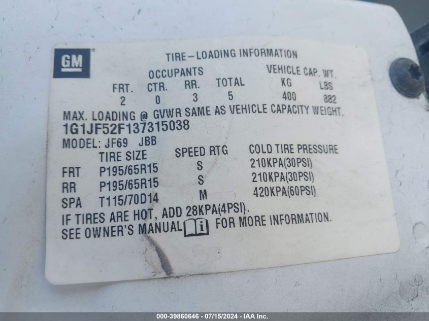 2003 Chevrolet Cavalier Ls VIN: 1G1JF52F137315038 Lot: 39860646