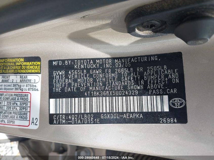 2005 Toyota Avalon Limited VIN: 4T1BK36BX5U024329 Lot: 39860648