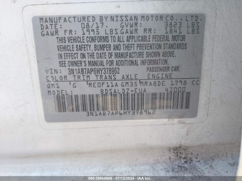 2017 Nissan Sentra S/Sv/Sr/Sl VIN: 3N1AB7AP6HY378962 Lot: 39860669