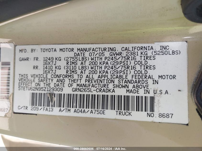2005 Toyota Tacoma Prerunner V6 VIN: 5TETU62N95Z129309 Lot: 39860686