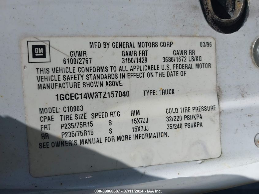 1996 Chevrolet Gmt-400 C1500 VIN: 1GCEC14W3TZ157040 Lot: 39860687