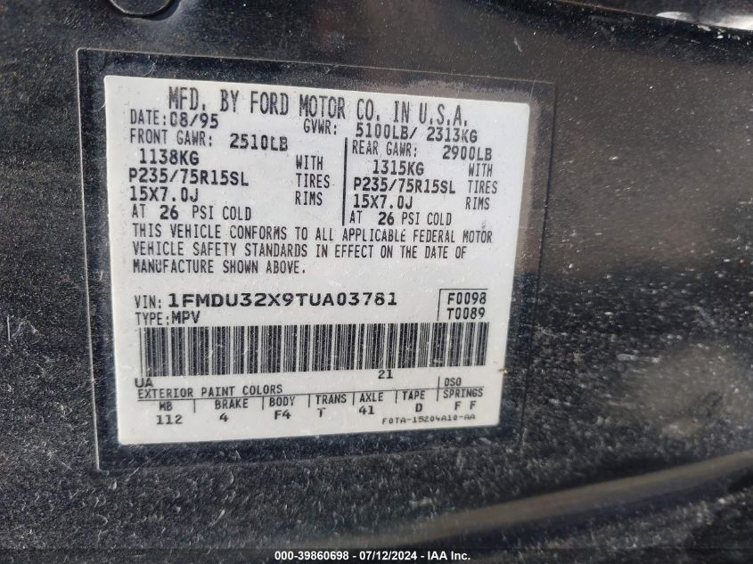1996 Ford Explorer VIN: 1FMDU32X9TUA03781 Lot: 39860698