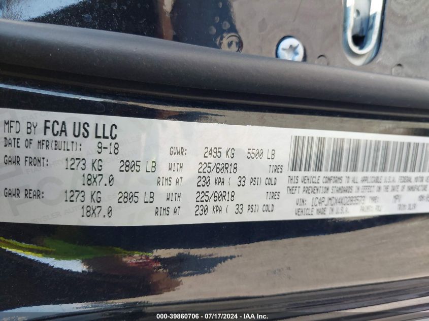 2019 Jeep Cherokee Limited 4X4 VIN: 1C4PJMDX4KD283573 Lot: 39860706