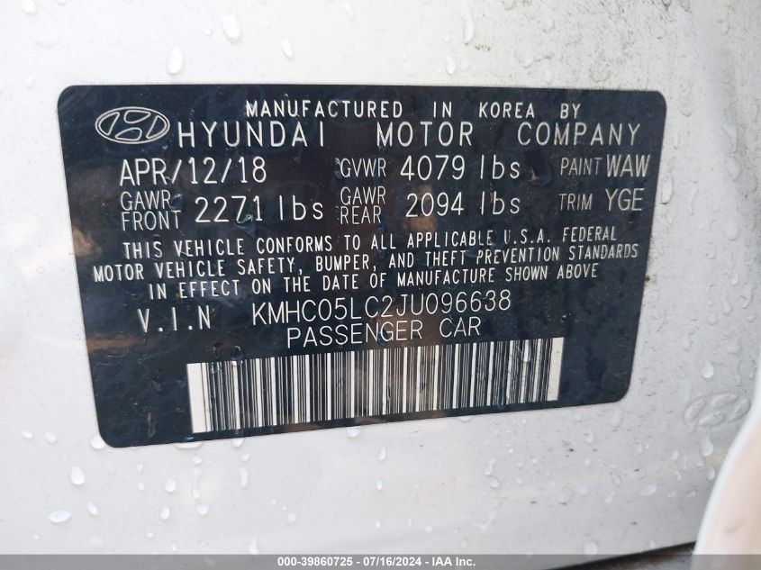 2018 Hyundai Ioniq Hybrid Limited VIN: KMHC05LC2JU096638 Lot: 39860725