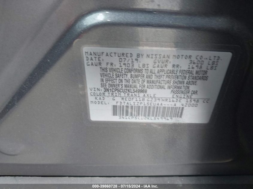 2019 Nissan Kicks Sv VIN: 3N1CP5CU2KL549969 Lot: 39860728