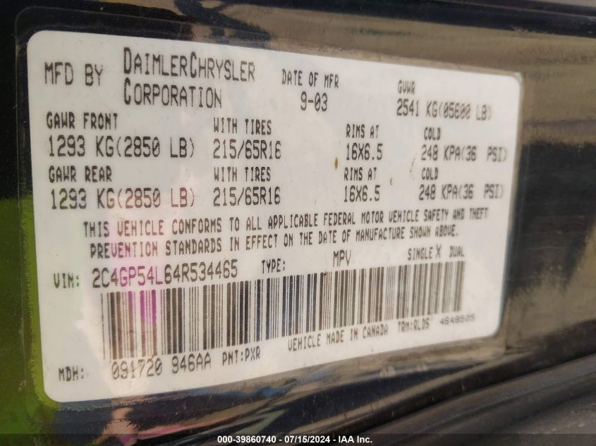 2004 Chrysler Town & Country Touring VIN: 2C4GP54L64R534465 Lot: 39860740