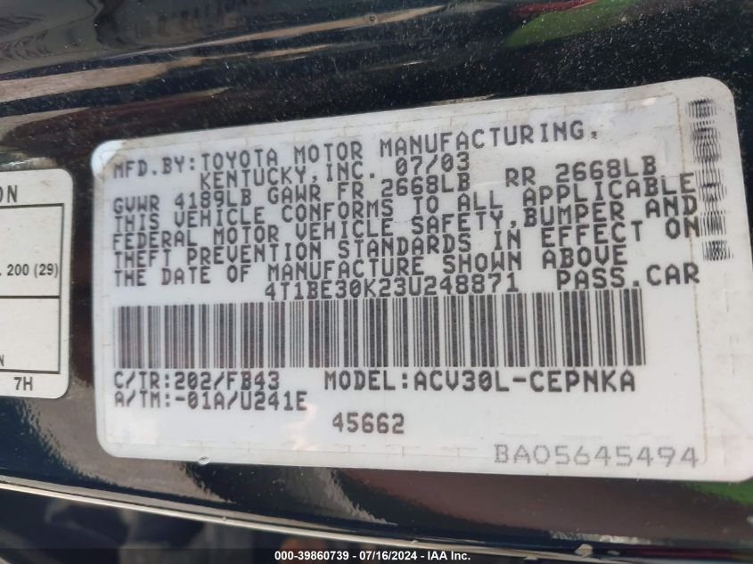 2003 Toyota Camry Le VIN: 4T1BE30K23U248871 Lot: 39860739