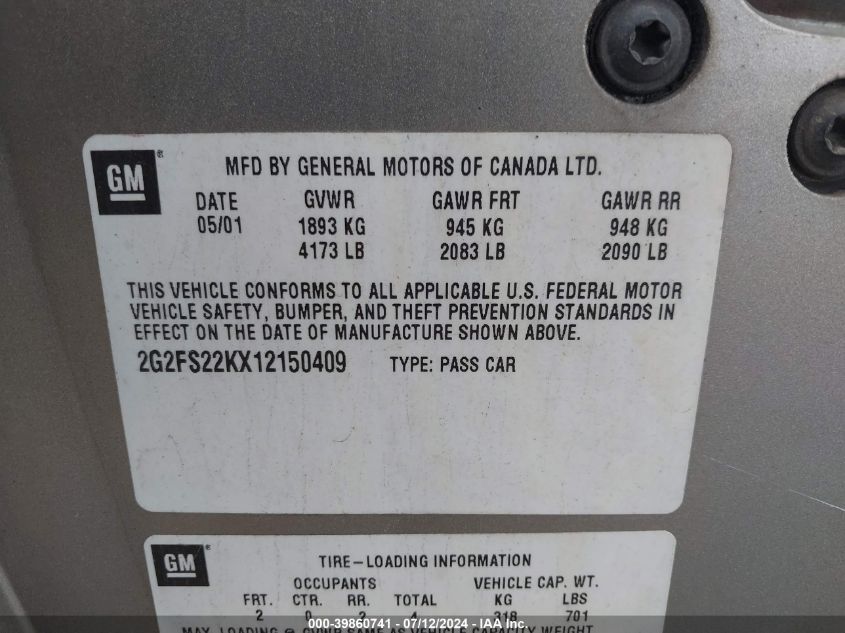 2001 Pontiac Firebird VIN: 2G2FS22KX12150409 Lot: 39860741