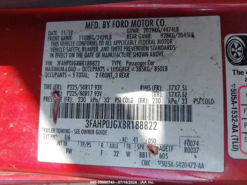 2011 Ford Fusion Sel VIN: 3FAHP0JGXBR188822 Lot: 39860743