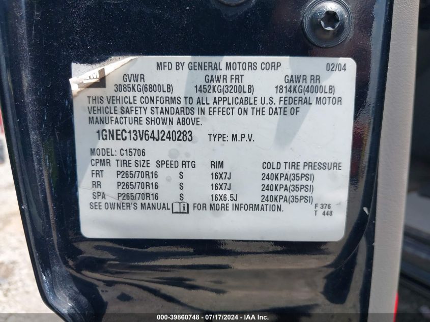 2004 Chevrolet Tahoe Ls VIN: 1GNEC13V64J240283 Lot: 39860748