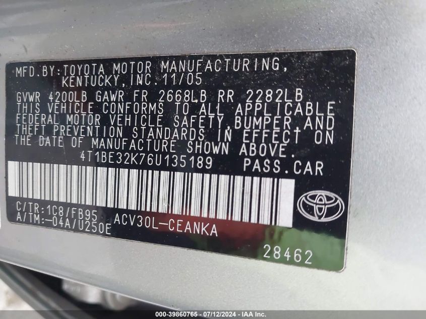 4T1BE32K76U135189 | 2006 TOYOTA CAMRY