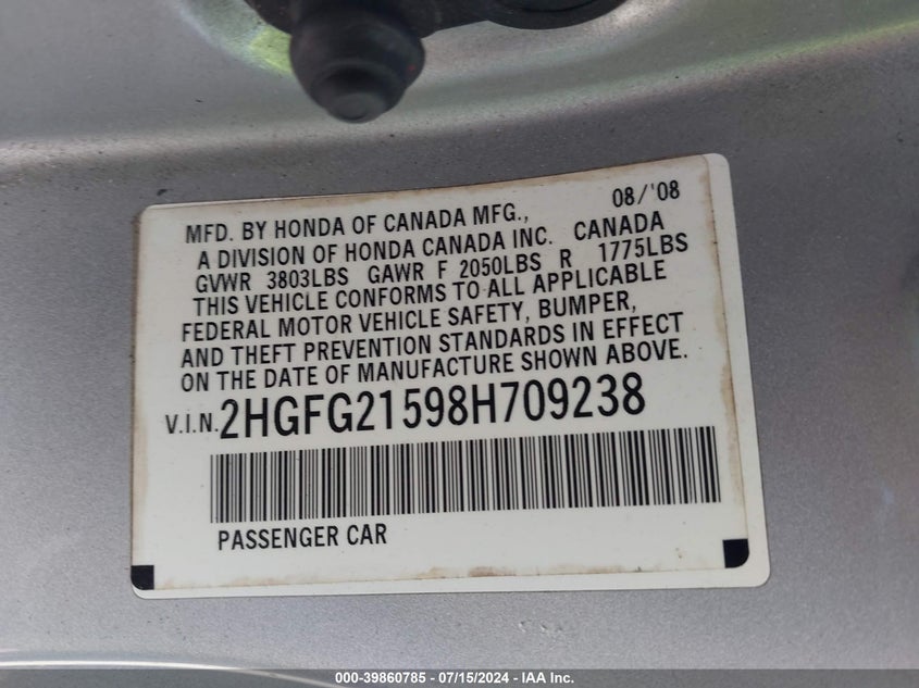 2008 Honda Civic Si VIN: 2HGFG21598H709238 Lot: 39860785
