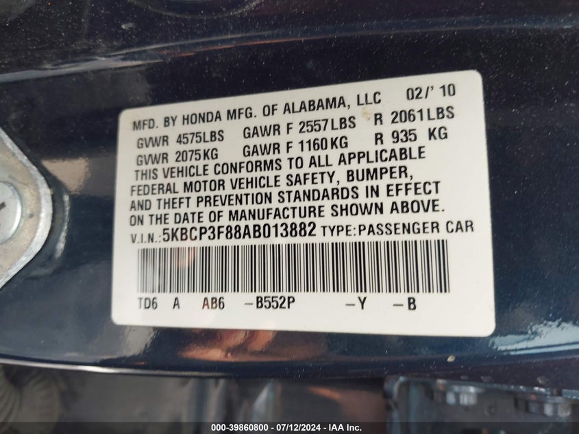 2010 Honda Accord 3.5 Ex-L VIN: 5KBCP3F88AB013882 Lot: 39860800