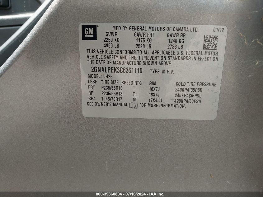 2012 Chevrolet Equinox 2Lt VIN: 2GNALPEK3C6261110 Lot: 39860804