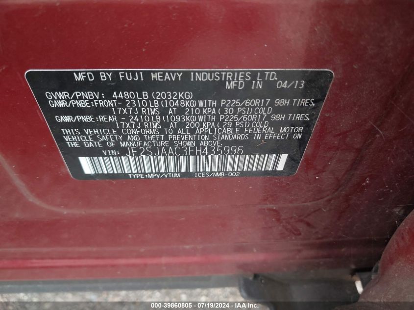 2014 Subaru Forester 2.5I VIN: JF2SJAAC3EH435996 Lot: 39860805