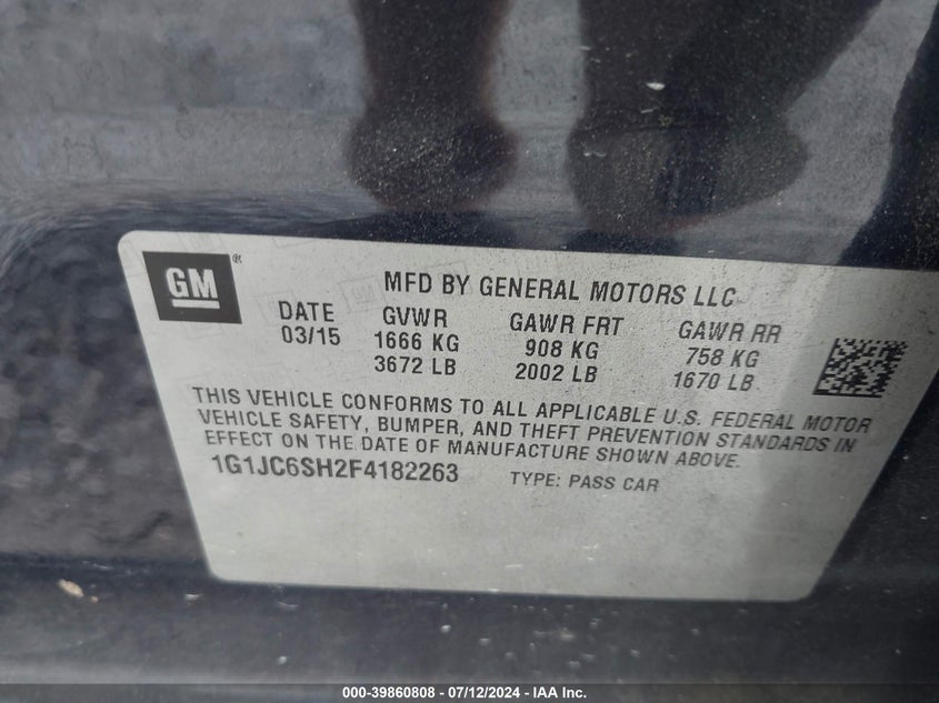 2015 Chevrolet Sonic Lt Auto VIN: 1G1JC6SH2F4182263 Lot: 39860808