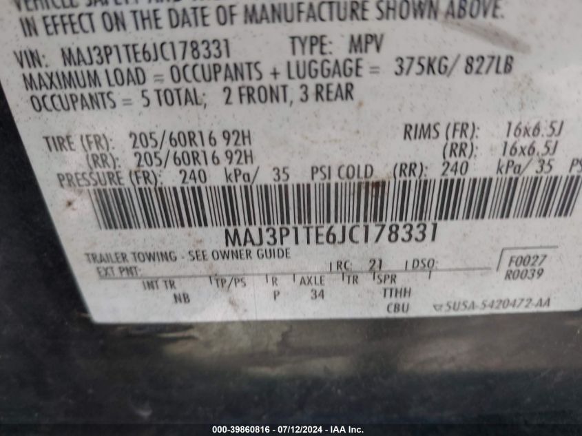 2018 Ford Ecosport Se VIN: MAJ3P1TE6JC178331 Lot: 39860816