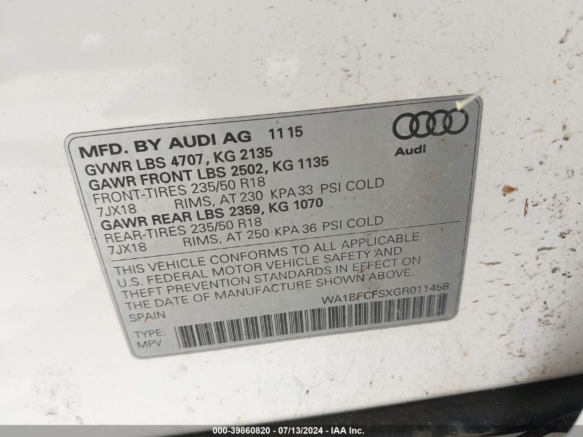 2016 Audi Q3 Premium Plus VIN: WA1BFCFSXGR011458 Lot: 39860820