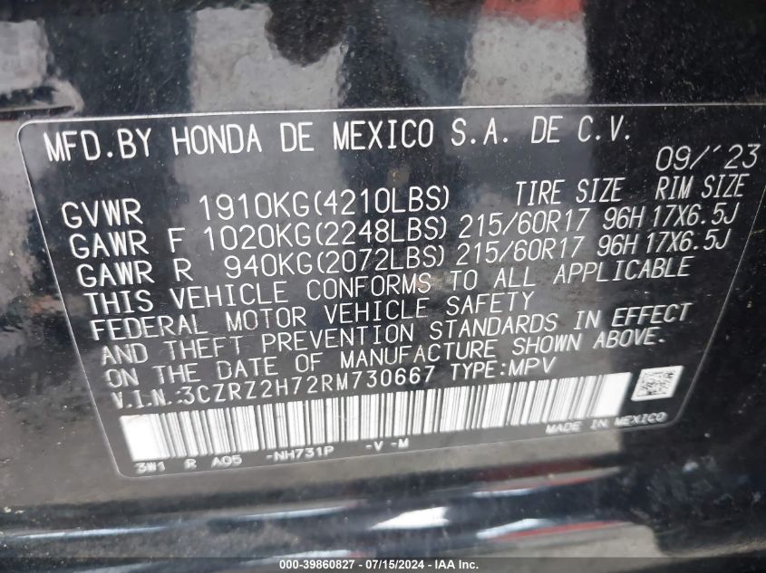 2024 Honda Hr-V Exl VIN: 3CZRZ2H72RM730667 Lot: 39860827